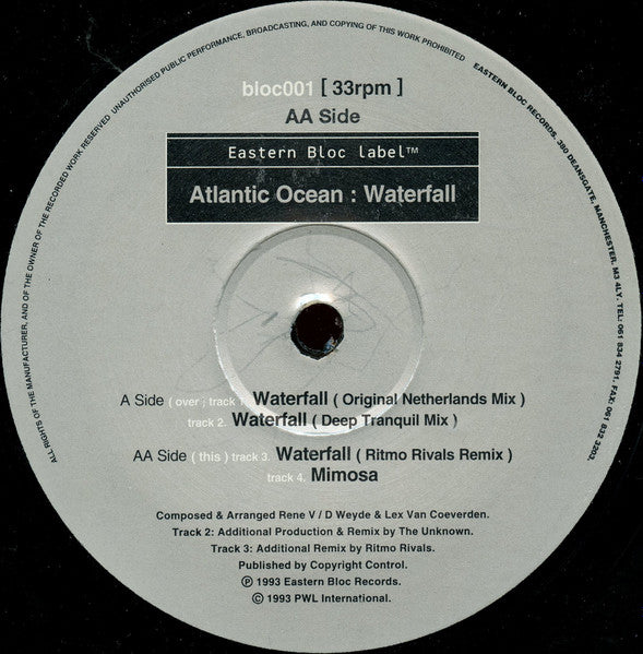 Image of Label Cover of 12" - VG/VG+ - ATLANTIC OCEAN, Waterfall (Eastern Bloc Records; Bloc001, UK 1993, Stickered Company Sleeve), , - 4316199C