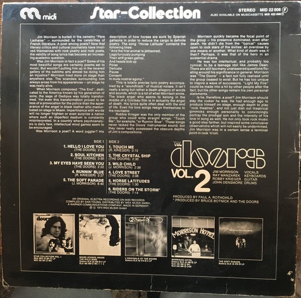 Image of Back Cover of LP - VG+/VG+ - THE DOORS, Star-Collection Vol.2 (Midi; MID 22 008, Germany 1980s Reissue, GEMA Box, No Label Code, Price Code F), , - 3926102E
