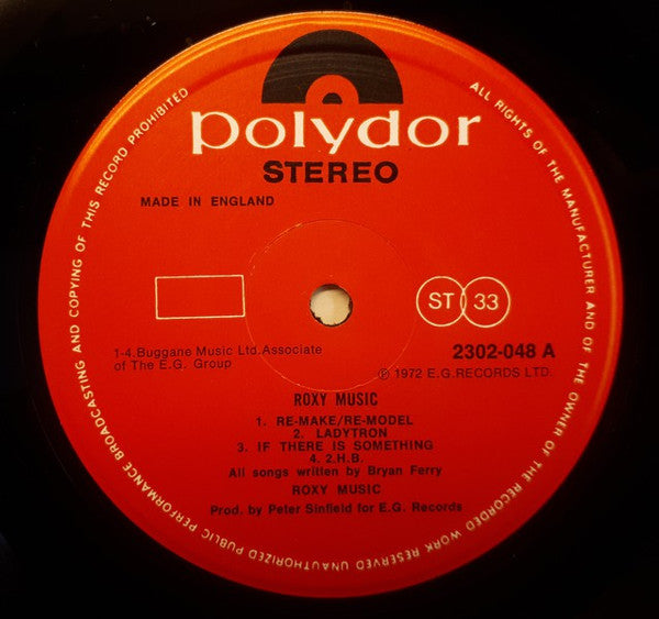 Image of Label Cover of LP - VG+/VG - ROXY MUSIC, Roxy Music (Polydor Red Label; 2302 048, UK 1970s Reissue, Gatefold, Buggane Publishing on Left of Label), , - 2626245E