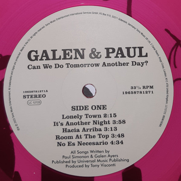 Image of Label Cover of 2445048S: LP - GALEN & PAUL, Can We Do Tomorrow Another Day? (Sony Music; 19658781291, Europe 2023, Inner & Insert, Pink Transparent Vinyl, Paul Simonon of The Clash) VG+/VG+