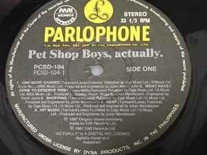 Image of Label Cover of 2545065S: LP - PET SHOP BOYS, Actually (Parlophone; PCSD-104, Philippines 1987, Pasteback Sleeve) A few light scratches, scuffs, edge and ring wear, seam splits, sticker residue G+/G+