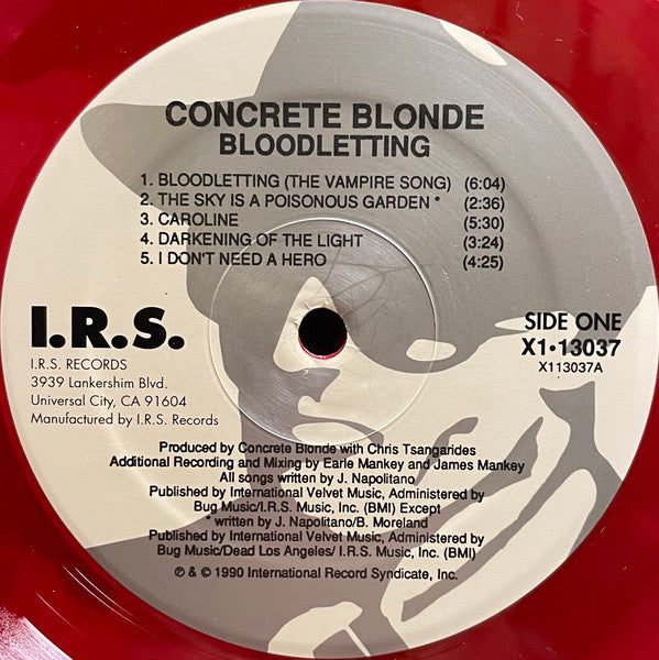 Image of Label Cover of 2525250E: LP - CONCRETE BLONDE, Bloodletting (I.R.S. Records ; X1-13037, US 1990, Red Vinyl) Still In Stickered Shrinkwrap Which Has Been Torn In Top Right Corner To Put On A Price Sticker - This Price Sticker Has Left A Mark VG/EX