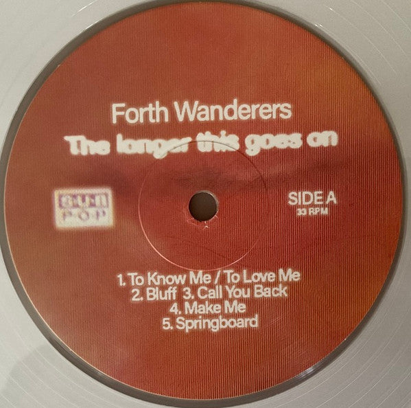 Image of Label Cover of LP - NEW/NEW - FORTH WANDERERS, The Longer This Goes On (Sub Pop; SP1669X, Worldwide 2025, Insert, White Vinyl), , There s one thing Forth Wanderers want to make clear as they prepare to release their third album The Longer This Goes On: We re not back, guitarist Ben Guterl says emphatically. It s perhaps an unexpected sentiment to pair with the band s first album since they parted ways seven years ago, but the band insists it s an honest answer they came together to record the ten