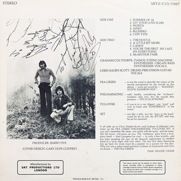 Image of Back Cover of LP - VG/VG+ - THE PEA GREEN PHILHARMONIC PULLOVER SET, The Pea Green Philharmonic Pullover Set (; SRTZ/CUS 77057, UK 1977), This copy has an orange label, not black. Signed on the back with dedications x 3., - 2625022E