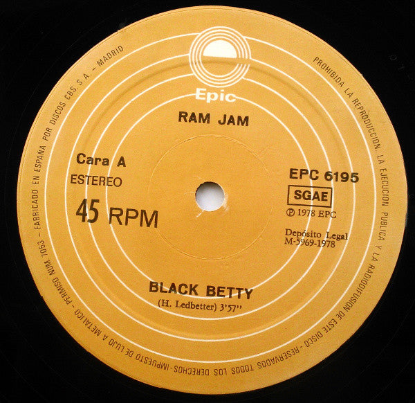 Image of Label Cover of 12" - G+/G+ - RAM JAM, Black Betty (Epic; EPC 6195, Spain 1978), , - 2625025E