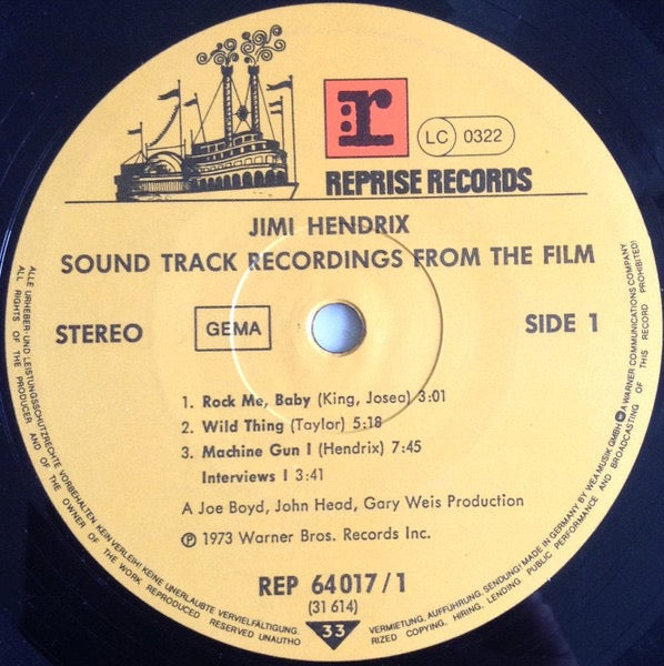 Image of Label Cover of 2xLP - VG/VG - JIMI HENDRIX, Sound Track Recordings From The Film "Jimi Hendrix" (Reprise Records; REP 64 017, Germany 1970s Reissue, Gatefold), Strong VG Throughout, Lightest of marks to all discs, light ring wear, Company Inners, - 2615077C