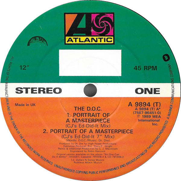 Image of Label Cover of 2615422C: 12" - THE D.O.C., Portrait Of A Masterpiece (Atlantic; A 9894 T, UK 1990, Picture Sleeve) VG/VG