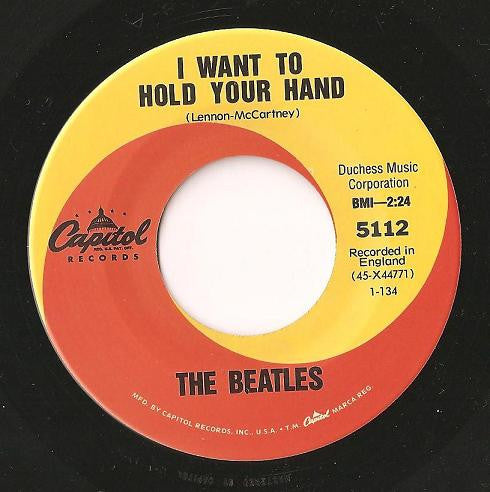 Image of Label Cover of 2615538C: 7" - THE BEATLES, I Want To Hold Your Hand / I Saw Her Standing There (Capitol Records; 5112, US 1994 Reissue, Hype & Barcode Stickered Poly Outer) EX/EX