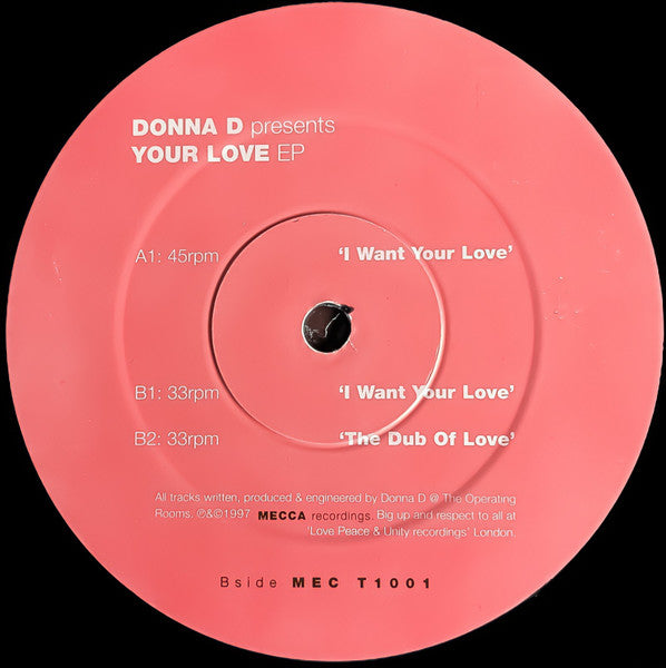 Image of Label Cover of 12" - VG/VG - DONNA D, Your Love EP (Mecca Recordings; MECT1001, UK 1997, Picture Sleeve), light marks only. few signs of wear to sleeve - light edge wear and creasing, - 2446091S