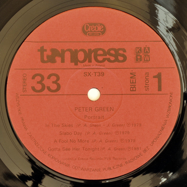 Image of Label Cover of LP - VG/VG - PETER GREEN, Portrait (Tonpress; SX-T39, Poland 1985), Strong VG, - 2715184C