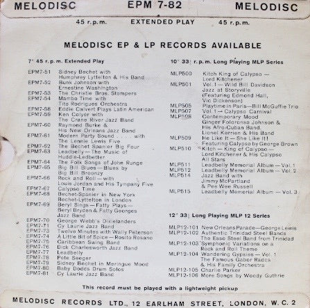 Image of Back Cover of 7" - G+/VG - LEADBELLY, Blues By Leadbelly (Melodisc; EPM 7-82, UK 1959, Picture Sleeve), Tape residue and small surface tear to sleeve., - 2715465C