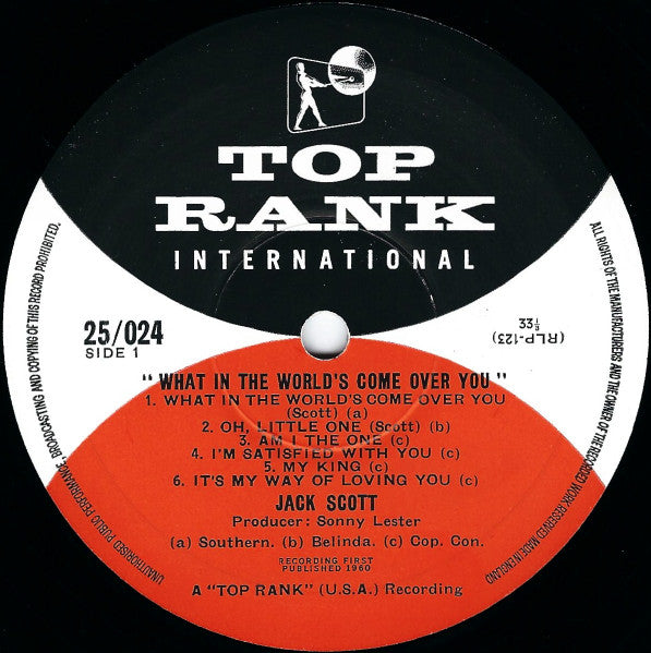 Image of Label Cover of 2725211E: LP - JACK SCOTT, What In The World's Come Over You (Top Rank International; 25/024, UK 1960) VG/VG