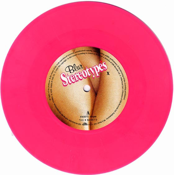 Image of Label Cover of 7" - VG/VG+ - BLUR, Stereotypes (Food; FOOD73, UK 1996, Hype Stickered Gatefold Sleeve, Pink Vinyl), Sleeve has a small sticker mark., - 3316198C