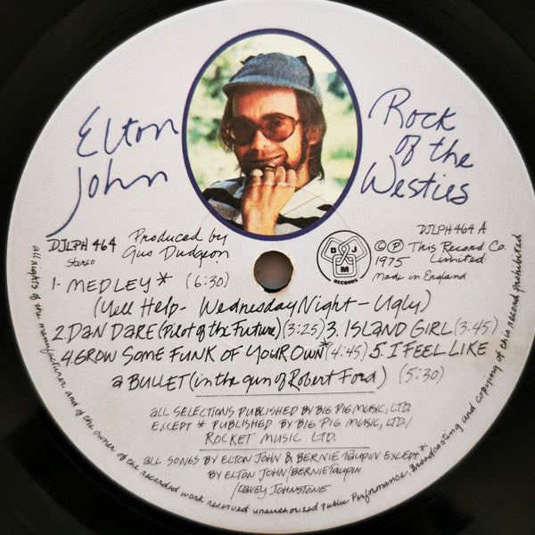 Image of Label Cover of LP - VG/VG+ - ELTON JOHN, Rock Of The Westies (DJM Records; DJLPH 464, UK 1975, Inner & Insert, Appears Translucent Red When Held up to Strong Light), , - 4226202E