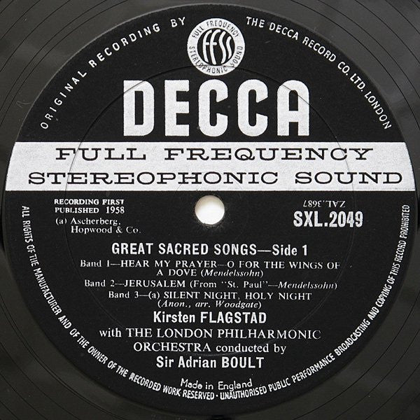 Image of Label Cover of LP - VG/VG+ - KIRSTEN FLAGSTAD, LONDON PHILHARMONIC ORCHESTRA, SIR ADRIAN BOULT, Great Sacred Songs (Decca; SXL 2049, UK 1958, Front Laminated Scalloped Flipback Sleeve), Edge and Ring Wear, - 2925143E