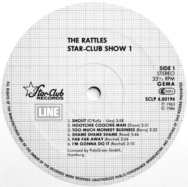 Image of Label Cover of LP - VG+/VG+ - THE RATTLES, Star-Club Show 1 (Star-Club Records; SCLP 4.00194 J, Germany 1986, White Vinyl), , - 3015309C