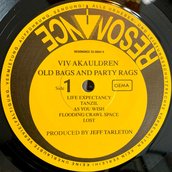 Image of Label Cover of LP - VG/VG - VIV AKAULDREN, Old Bags And Party Rags (Resonance; 33-8604, Netherlands 1986, Inner), Scuffs and a few hairlines. Sleeve is Strong VG. Light edge wear. Seam split to inner., - 3045124S