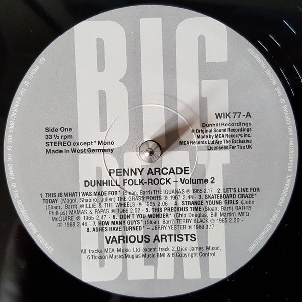 Image of Label Cover of LP - VG+/EX - VARIOUS, Dunhill Folk Rock - Vol 2 - Penny Arcade (Big Beat Records; WIK 77, UK 1988), , - 3026121E