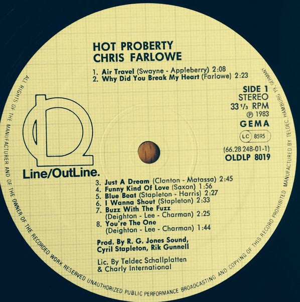 Image of Label Cover of LP - VG/VG+ - CHRIS FARLOWE, Hot Property (Line/OutLine; OLDLP 8019 DX, Germany 1983, 2 Inners), Two pinches to bottom edge of sleeve, - 3115095C