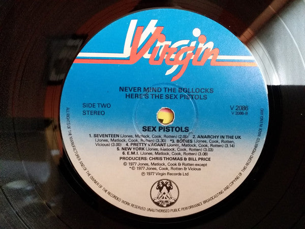 Image of Label Cover of LP - VG+/VG+ - SEX PISTOLS, Never Mind the Bollocks (Virgin Blue & White; V2086, UK 1977, No Poster, 11 Titles on Sleeve, One Sided Submission 7", No Shrinkwrap or Sticker, A3, B1 Matrix), Lovely Copy - Very Strong VG+, Some Slight Staining To Sleeve, - 2846199S