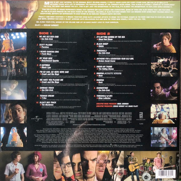 Image of Back Cover of LP - NEW/NEW - VARIOUS ARTISTS, Scott Pilgrim Vs. The World (Original Motion Picture Soundtrack) (UME/ABKCO; 7103431, Europe 2025 Reissue, Red Vinyl), , 2025 marks the 15th anniversary of 2010's comedy film Scott Pilgrim Vs The World, co-written, produced and directed by Edgar Wright, based on the graphic novel series Scott Pilgrim by Bryan Lee O'Malley. The ensemble cast is led by Michael Cera as Scott Pilgrim, a slacker musician who is trying to win a competition to get a record dea