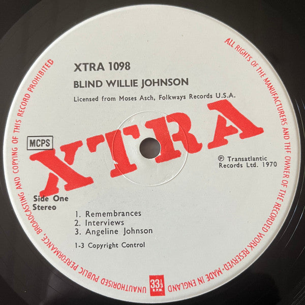 Image of Label Cover of LP - VG/VG - BLIND WILLIE JOHNSON, His Story (XTRA; XTRA 1098, UK 1970 Reissue, Laminated Sleeve, Stereo), Sleeve has some creasing and sticker glue on front. Writing on inside of opening, - 3215472C