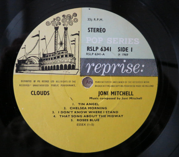 Image of Label Cover of LP - VG/VG - JONI MITCHELL, Clouds (Reprise Blue/Yellow Riverboat; RSLP 6341, UK 1969, Textured Sleeve, Insert), Strong VG Throughout, A few wispy marks, Light edge wear. , - 3316403C