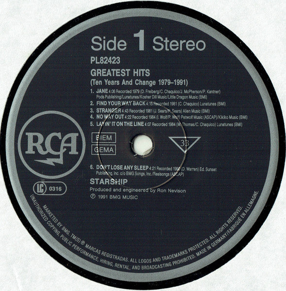 Image of Label Cover of 3345008S: LP - STARSHIP, Greatest Hits (Ten Years And Change 1979-1991) (RCA; PL 82423, Germany 1991) Lovely LP. Light edge wear VG/VG+