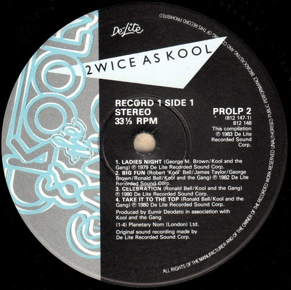 Image of Label Cover of 2xLP - VG/G+ - KOOL & THE GANG, Twice As Kool (The Hits Of Kool & The Gang) (De-Lite Records; PROLP 2, UK 1983, Gatefold), Light Marks only., - 3116005C