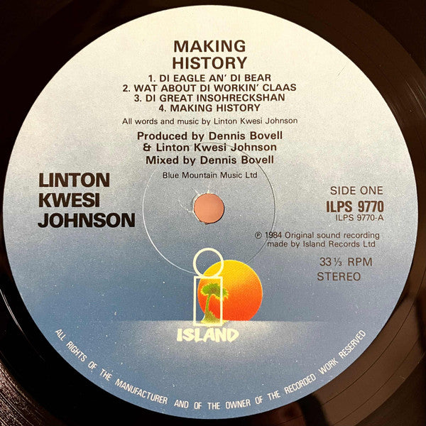 Image of Label Cover of LP - VG/G+ - LINTON KWESI JOHNSON, Making History (Island Records; ILPS 9770, UK 1984, Inner, 'JONZ' in A.side matrix), Light marks only, - 3816039C