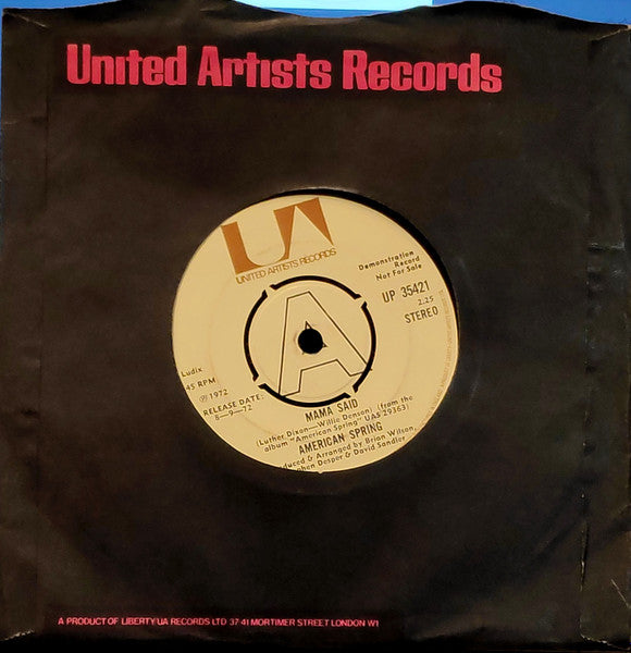Image of Label Cover of 7" - VG+/EX - AMERICAN SPRING, Mama Said / Tennessee Waltz (United Artists Records; UP 35.421, UK 1972, A Label Demo, Company Sleeve), , - 3325357E