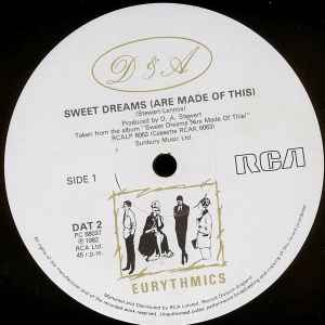 Image of Label Cover of 12" - VG/VG+ - EURYTHMICS, Sweet Dreams (Are Made Of This) (RCA; DAT 2, UK 1983), Sticker damage, ring wear, - 3146013S