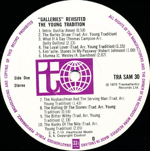 Image of Label Cover of LP - VG+/VG - YOUNG TRADITION, Galleries Revisited (Transatlantic; TRASAM30, UK 1973 Reissue), , - 1426057E