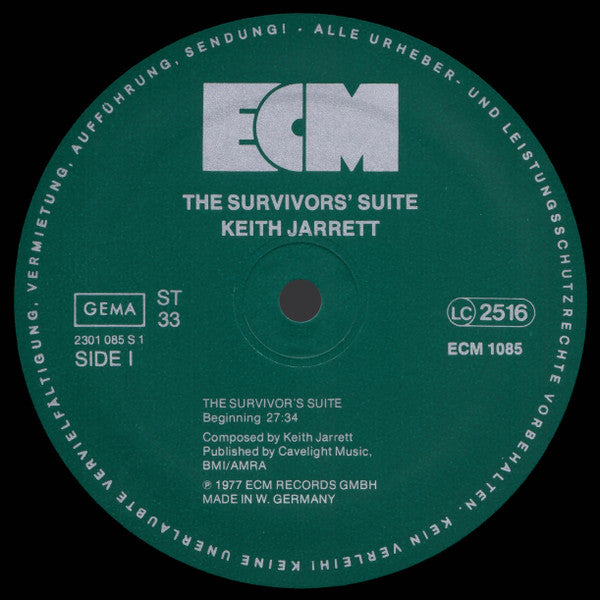 Image of Label Cover of LP - VG/VG - KEITH JARRETT, The Survivors' Suite (ECM Records; ECM 1085, Germany 1977, Glossy Sleeve, Stereo), , - 1326283E