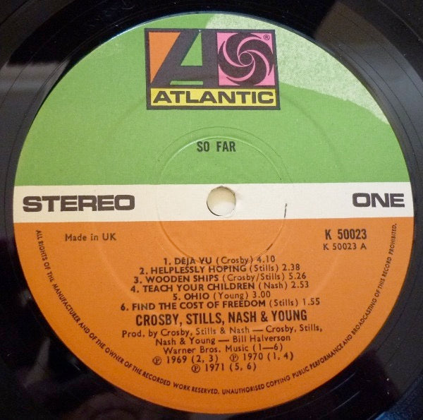 Image of Label Cover of LP - VG/VG - CROSBY, STILLS, NASH & YOUNG, So Far (Atlantic Orange & Green - No WB Logo On Label Rim; K50023, UK 1974, Embossed Sleeve), , - 2626247E