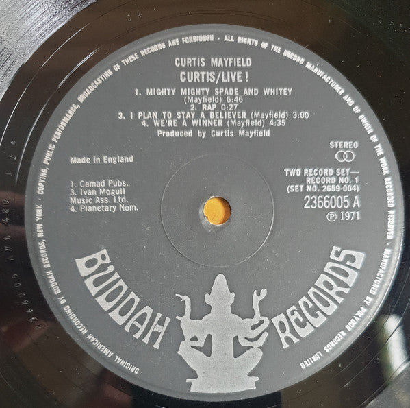 Image of Label Cover of 2xLP - G+/G+ - CURTIS MAYFIELD, Live! (Buddah; 2659 004, UK 1971, Gatefold), Vinyl in strong G+, only has light marks and plays VG., - 4146052S