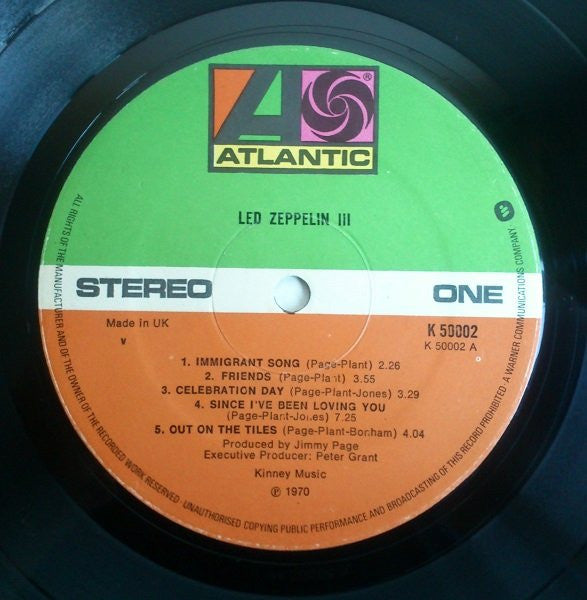 Image of Label Cover of LP - VG/G - LED ZEPPELIN, Led Zeppelin III (Atlantic Green & Orange Labels With Made in UK, Warner Logo and V on Labels; K 50002, UK 1976 Reissue, Gatefold Spinner Sleeve), Fair few light marks and hairlines, Clean sleeve but spinner detached, - 3716177C