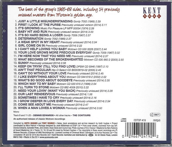 Image of Back Cover of 3655127S: CD - THE CONTOURS AND DENNIS EDWARDS, Just A Little Misunderstanding - Rare And Unissued Motown 1965-68 (Kent Soul; CDTOP 419, UK & Europe 2014) VG+/VG+