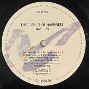 Image of Label Cover of LP - VG+/EX - THE PURSUIT OF HAPPINESS, Love Junk (Chrysalis; CHR 1675, UK 1988), , - 3715124C