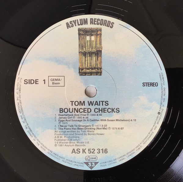 Image of Label Cover of LP - VG/G+ - TOM WAITS, Bounced Checks (Asylum Records; AS K 52 316, Europe 1980s Reissue, A4/B4 Strawberry Matrices), Long light hairline marks, Prime cuts sticker on front , - 3316214C