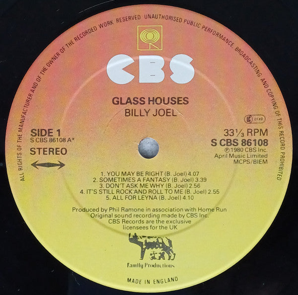 Image of Label Cover of LP - VG+/VG - BILLY JOEL, Glass Houses (CBS Orange/Yellow With Family Produtions Logo At 6 O'Clock; CBS 86108, UK 1980, Inner, Side A Timtom cut, Side B TY Cut), Strong VG, - 0826347E