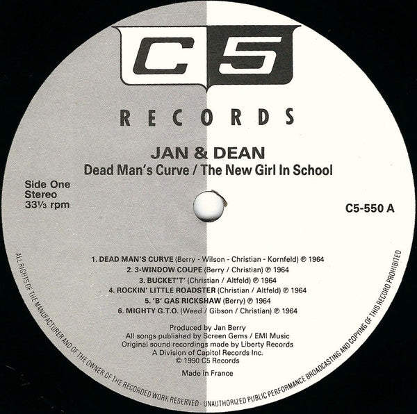 Image of Label Cover of LP - VG/VG+ - JAN & DEAN, Dead Man's Curve / The New Girl In School (C5 Records; C5 550, UK 1990 Reissue), , - 3815258C