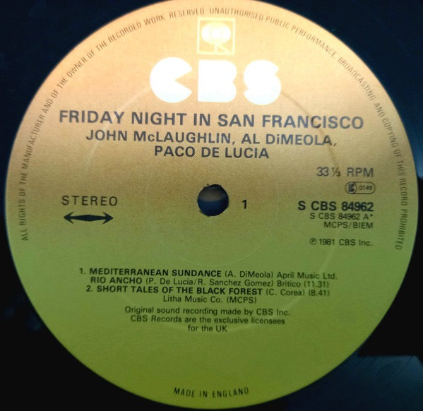 Image of Label Cover of LP - VG/VG+ - JOHN MCLAUGHLIN / AL DI MEOLA / PACO DE LUC A, Friday Night In San Francisco (CBS Sunburst; CBS 84962, UK 1981), , - 3826228E