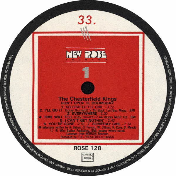 Image of Label Cover of 3815273C: LP - THE CHESTERFIELD KINGS, Don't Open Til Doomsday (New Rose Records; ROSE 128, France 1987) VG+/VG+