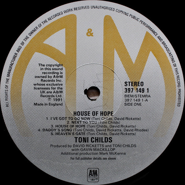 Image of Label Cover of 3815428C: LP - TONI CHILDS, House Of Hope. (A&M Records; 397 1 49-1, UK 1991) VG/VG+