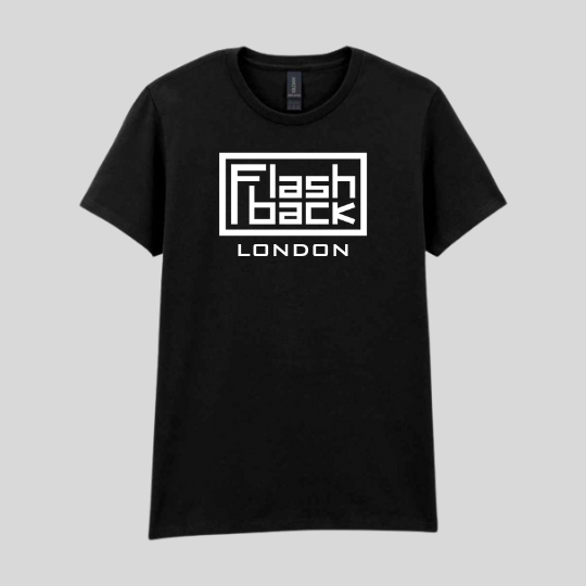 Image of Front Cover of Accessories - NEW/NEW - FLASHBACK LOGO T-SHIRT, London White Logo On Black Shirt - S, WOMENS (; 3835139, UK 2025, Gildan Heavy Cotton, SMALL BLACK WOMENS), , - 2416027C