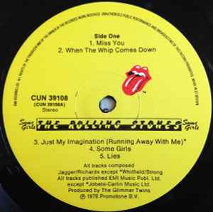 Image of Label Cover of LP - VG/VG - THE ROLLING STONES, Some Girls (Rolling Stones Records; CUN 39108, UK 1978, Die Cut Sleeve (Pastel Colours - Yellow Blue Pink Green), Colour/ Black and White Inner With Lipstick - Uncensored, Ted Jensen Lacquer Cut), , - 3116102C