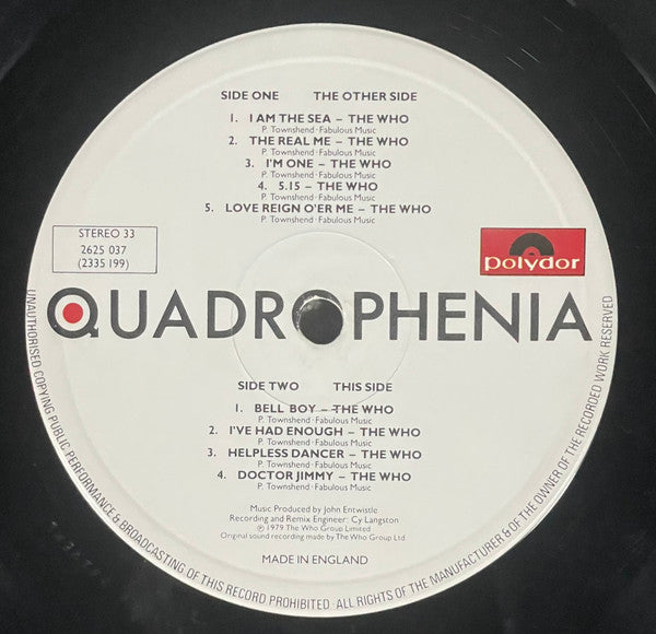 Image of Label Cover of 2xLP - VG/VG - VARIOUS, Quadrophenia (Music From The Soundtrack Of The Who Film) (Polydor; 2625 037, UK 1979, Gatefold, 2 Inners), The word 'Mod' is written on the sleeve twice in pen (written small). , - 2026018E