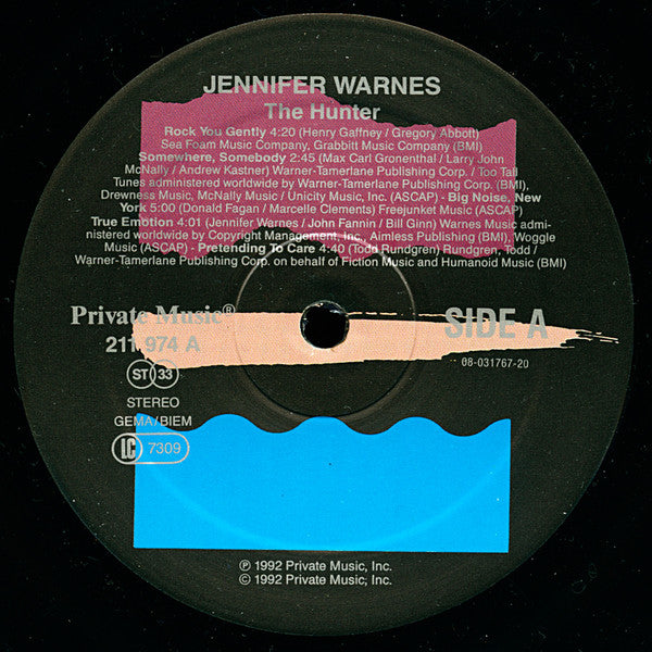 Image of Label Cover of 3925052E: LP - JENNIFER WARNES, The Hunter (Private Music; 211 974, Europe 1992, Insert) Light Surface Marks Only VG+/VG