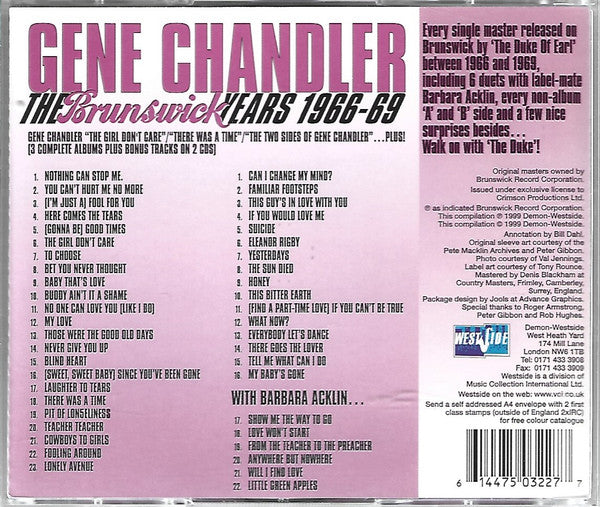 Image of Back Cover of 3955136S: 2xCD - GENE CHANDLER, The Brunswick Years 1966-69 (Westside; WESD 227, UK 1999) VG+/VG+